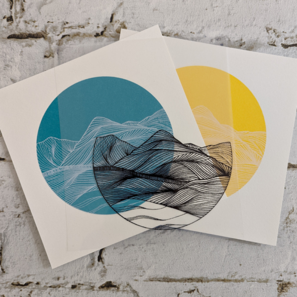 Old Man of Coniston line drawing screen print in teal and sunshine yellow